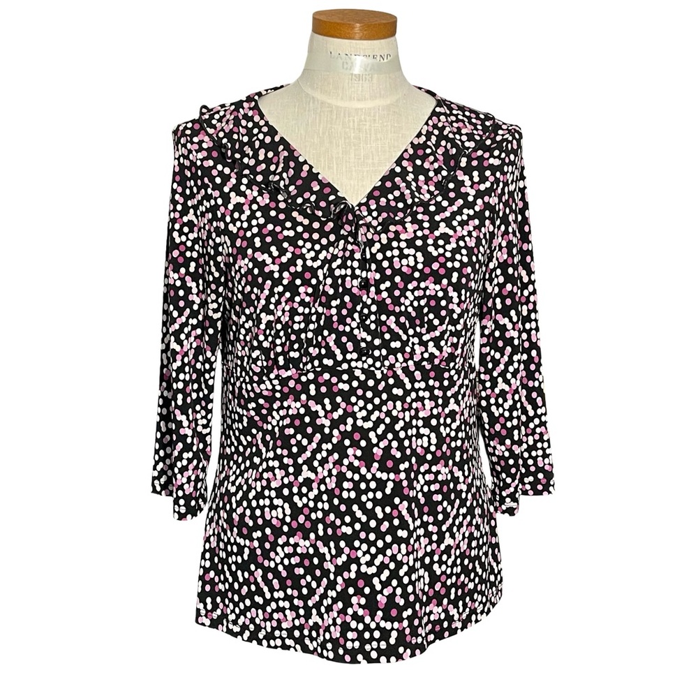 Christopher & Banks Stretchy Black Polka Dot Ruffled Shawl V Neck Blouse SzL